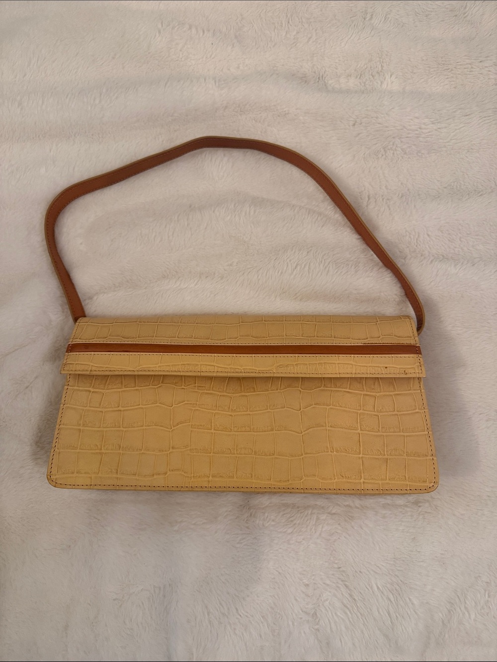 Croc-Embossed Yellow Shoulder Bag with Tan Strap